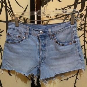 Levi’s 501* Light Wash Blue Cut Off Shorts Embellished W/Stones & Metal Details